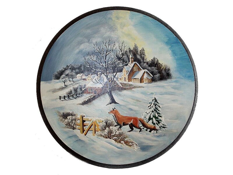 Schützenscheibe 50 cm handbemalt, Fuchs mit Winterlandschaft