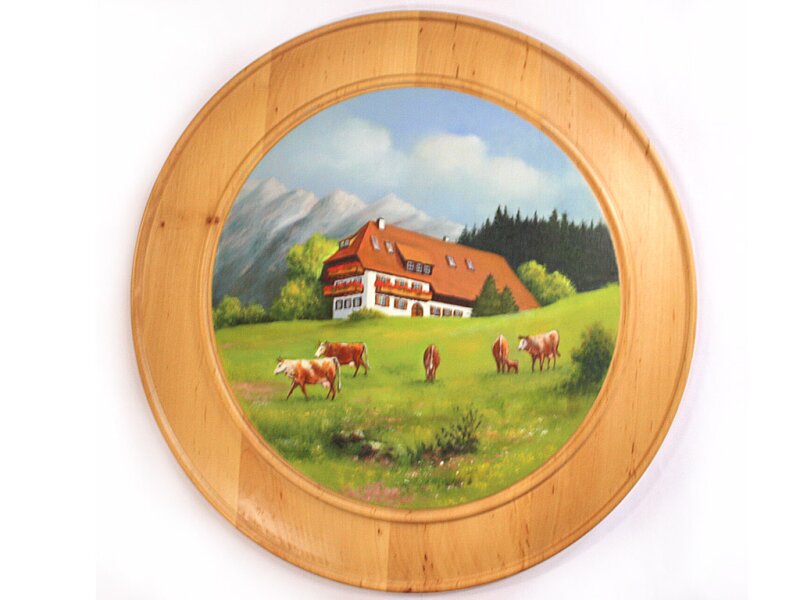 Schützenscheibe 50 cm Motiv 007 handbemalt, Bauernhof mit Kühe