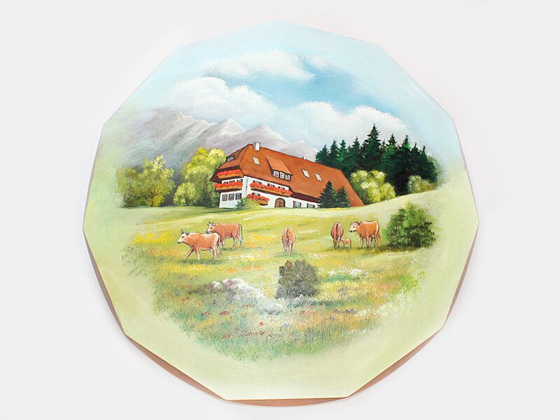 Schützenscheibe 50 cm Motiv 007 handbemalt, Bauernhof mit Kühe