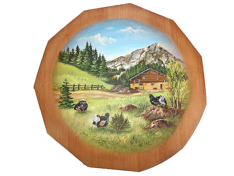 Schützenscheibe 50 cm handbemalt, Sommerlandschaft mit Hütte und Auerhähne